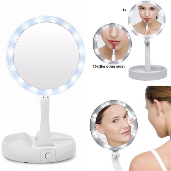 DoubleSided LED Lighted Foldable Vanity 10X Magnifying Makeup Mirror