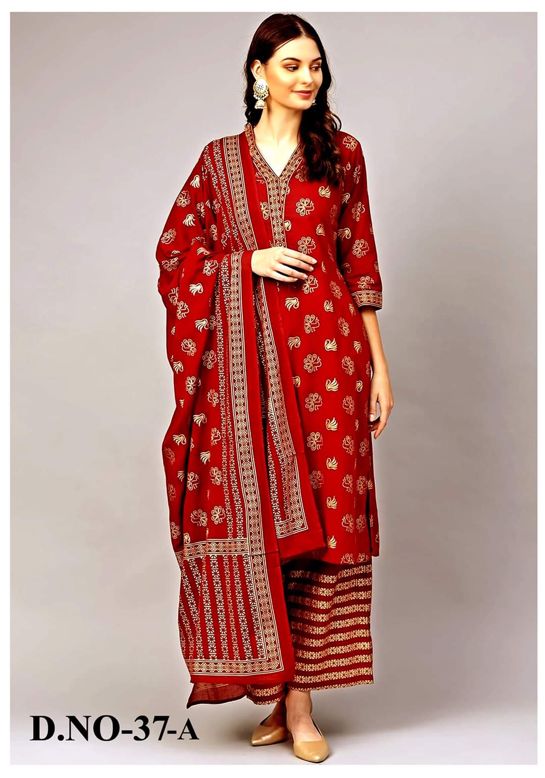 Red - Hand Block Batik Print Cotton 3pc Unstitched Dress Material 36