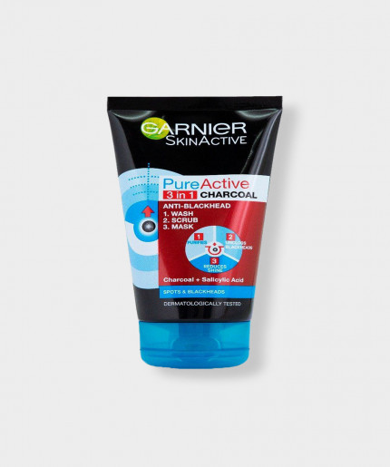 Garnier Pure Active 3 in 1 Charcoal Wash, Scrub, Mask - 150ml: Multi-Action Skincare Solution