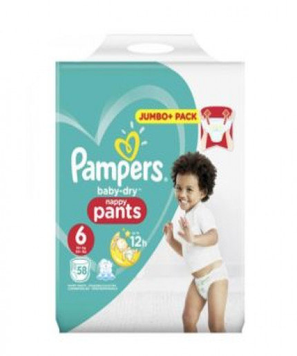 Pampers Baby Dry Nappy Pants | Up to 12 Hours Protection | Size 6 (15kg+) | 58 Nappies