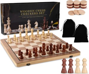 15" Wooden Chess Sets - Chess & Checkers Board Game For Pass time