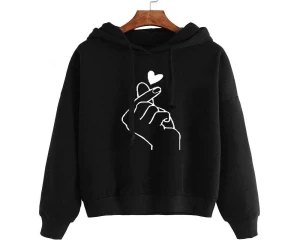 Finger Heart Black Sweatshirt for Girls No Zipper Hoodie
