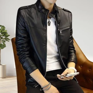 Black Artificial Leather Jacket For Men