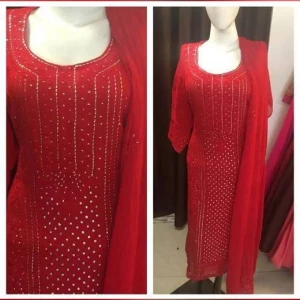 Original Pakistani Kamdani Red Colour Two Piece Salwar Kameez (Un-Stiched) For Women