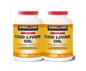 Kirkland Signature Cod Liver Oil + Omega 3-1150mg x 200 Capsules (2 Packs) Yellow Orange