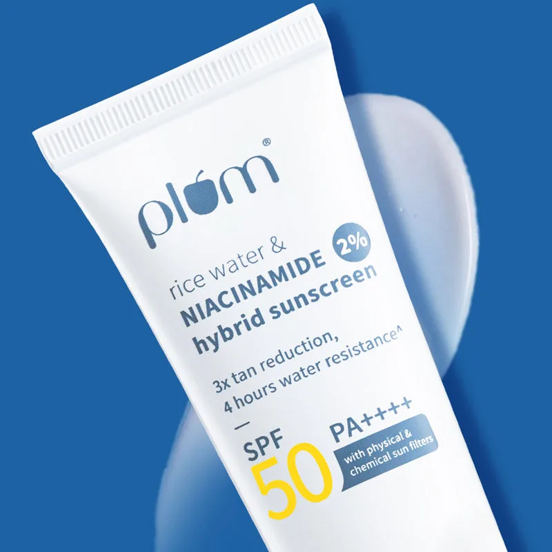 Plum Rice Water 2% Niacinamide Hybrid Sunscreen SPF 50 PA+++ 50g